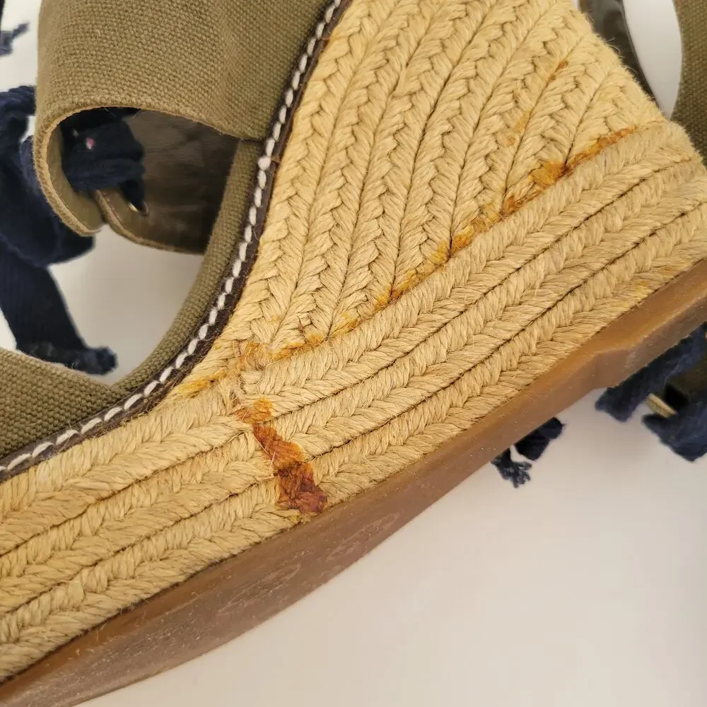 Tory Burch Lace Up Espadrille Wedge Sandals Olive Green Platform Women 9